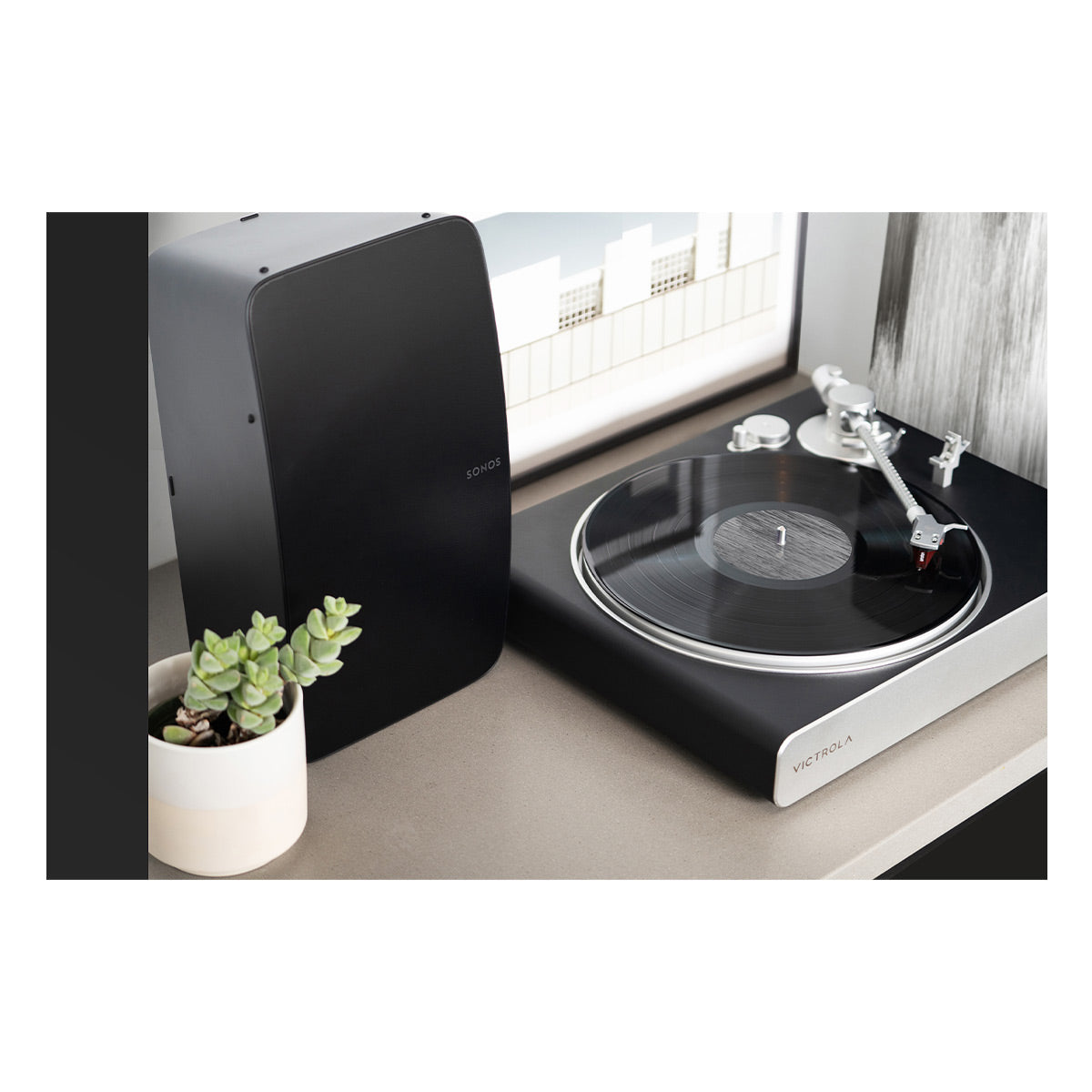 Victrola Stream Carbon Turntable with Pair of Sonos Five Wireless Speaker for Streaming Music (Black)