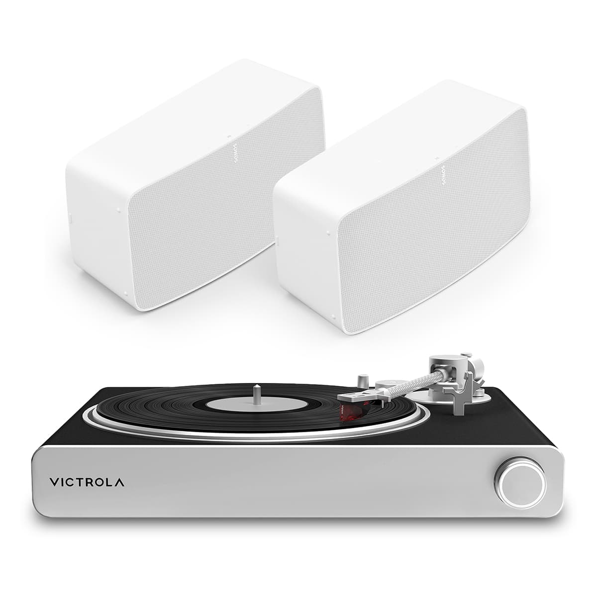 Victrola Stream Carbon Turntable with Pair of Sonos Five Wireless Speaker for Streaming Music (White)