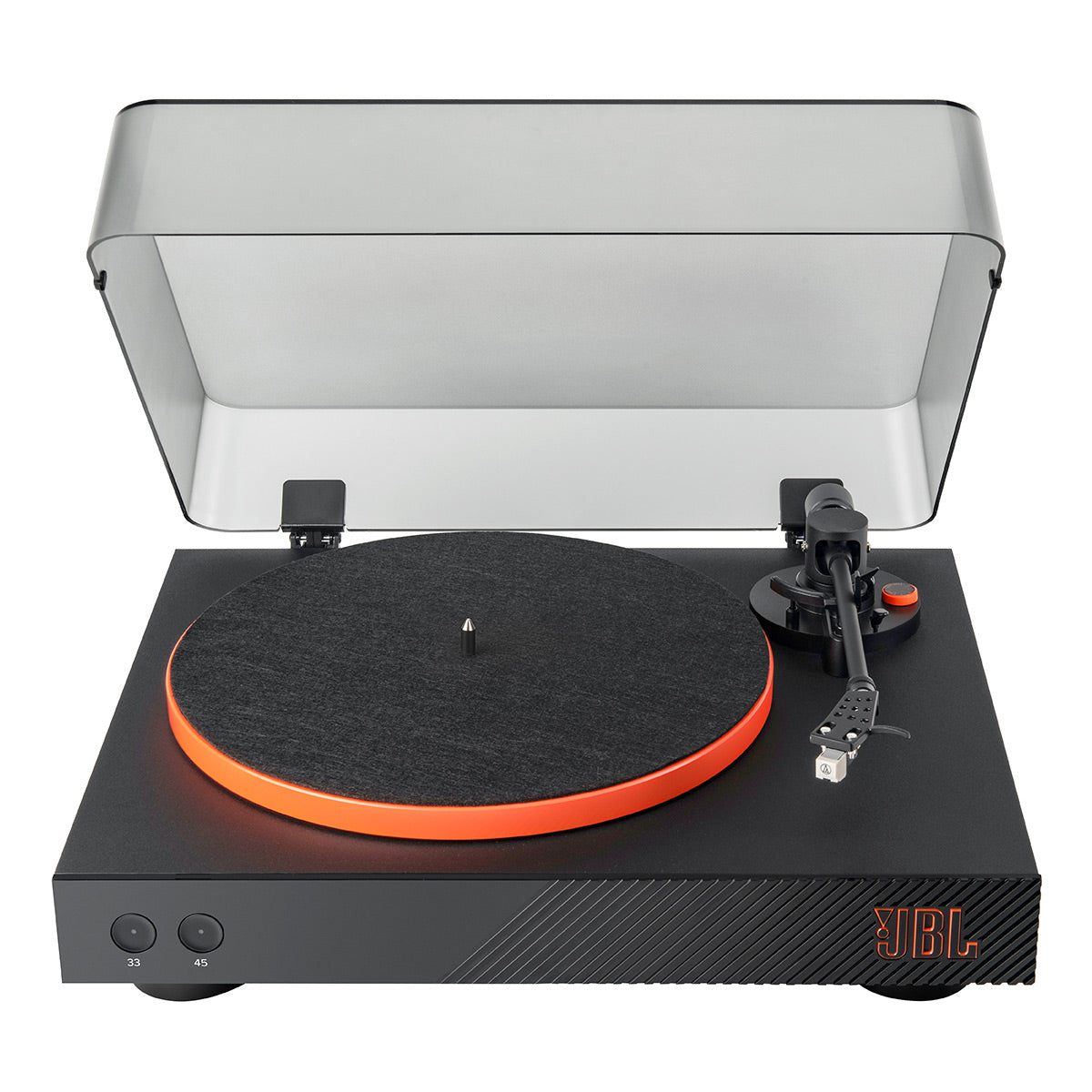 JBL Spinner BT Semi-Automatic Bluetooth Turntable (Black/Orange) with Charge 5 Portable Bluetooth Speaker (Black)