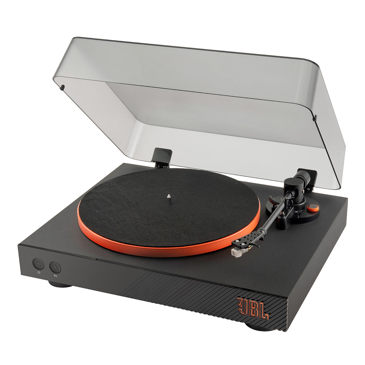 JBL Spinner BT Semi-Automatic Bluetooth Turntable (Black/Orange) with Charge 5 Portable Bluetooth Speaker (Black)