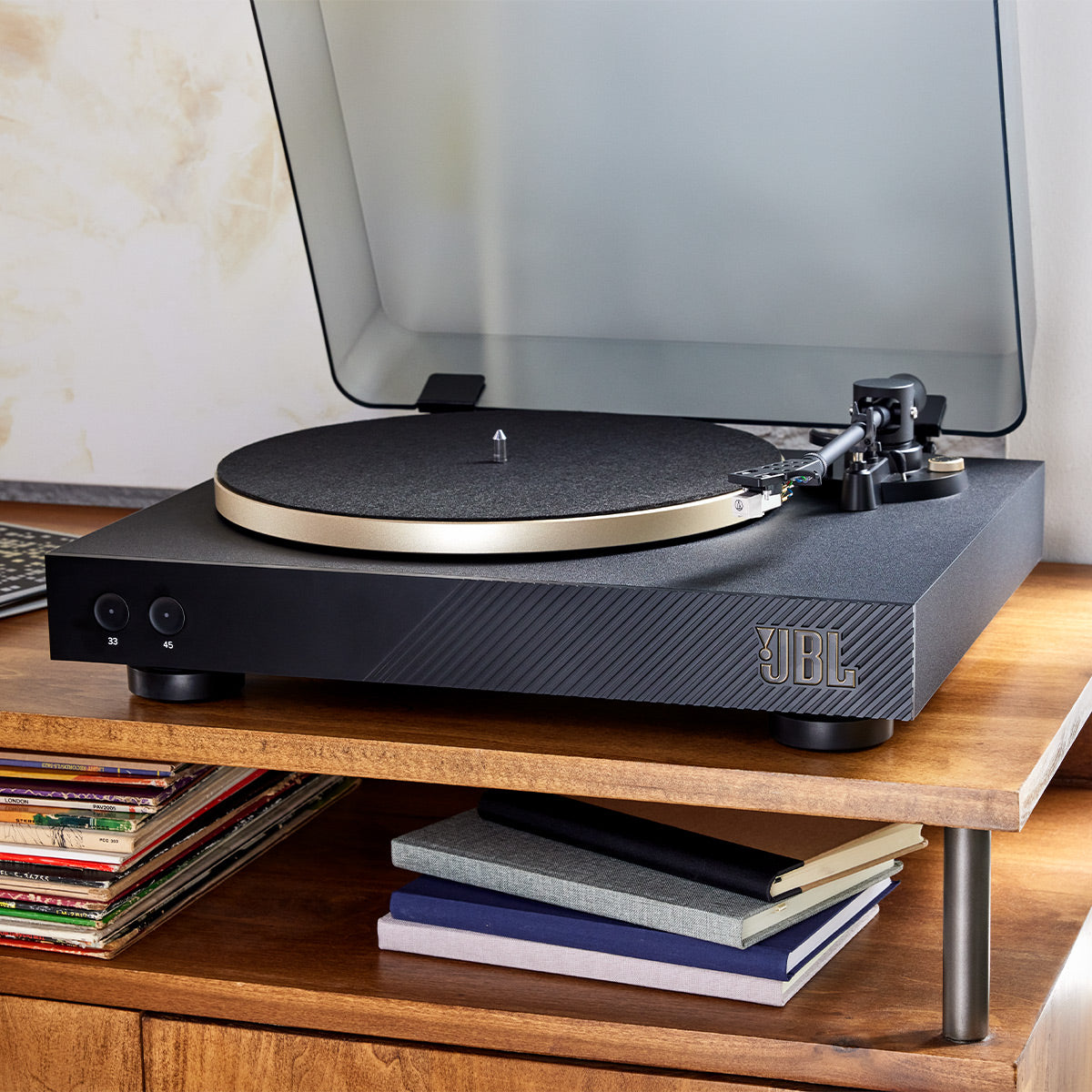 JBL Spinner BT Semi-Automatic Belt-Drive Turntable with Bluetooth 5.3 and Installed Audio Technica Cartridge (Black & Gold)