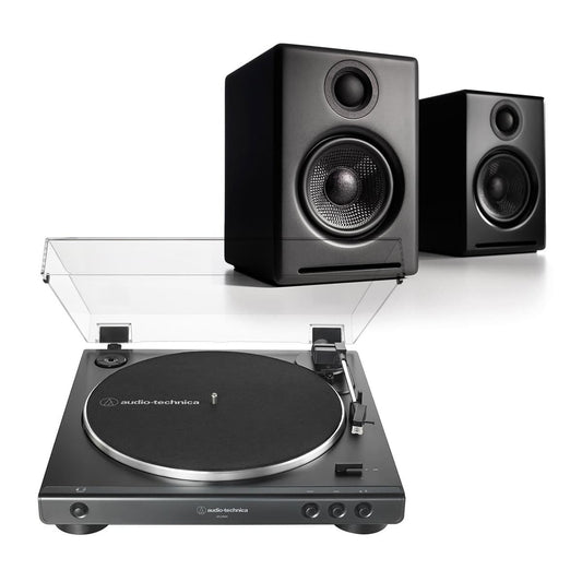 Audio-Technica AT-LP60X-BK Fully Automatic Belt-Drive Stereo Turntable (Black) with Audioengine A2+ Premium Powered Wireless Desktop Speakers - Pair (Black)