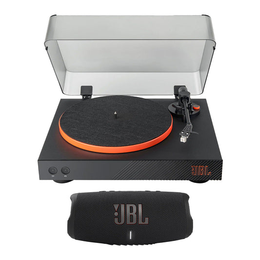 JBL Spinner BT Semi-Automatic Bluetooth Turntable (Black/Orange) with Charge 5 Portable Bluetooth Speaker (Black)