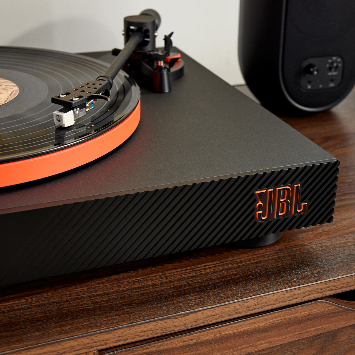 JBL Spinner BT Semi-Automatic Bluetooth Turntable (Black/Orange) with Charge 5 Portable Bluetooth Speaker (Black)