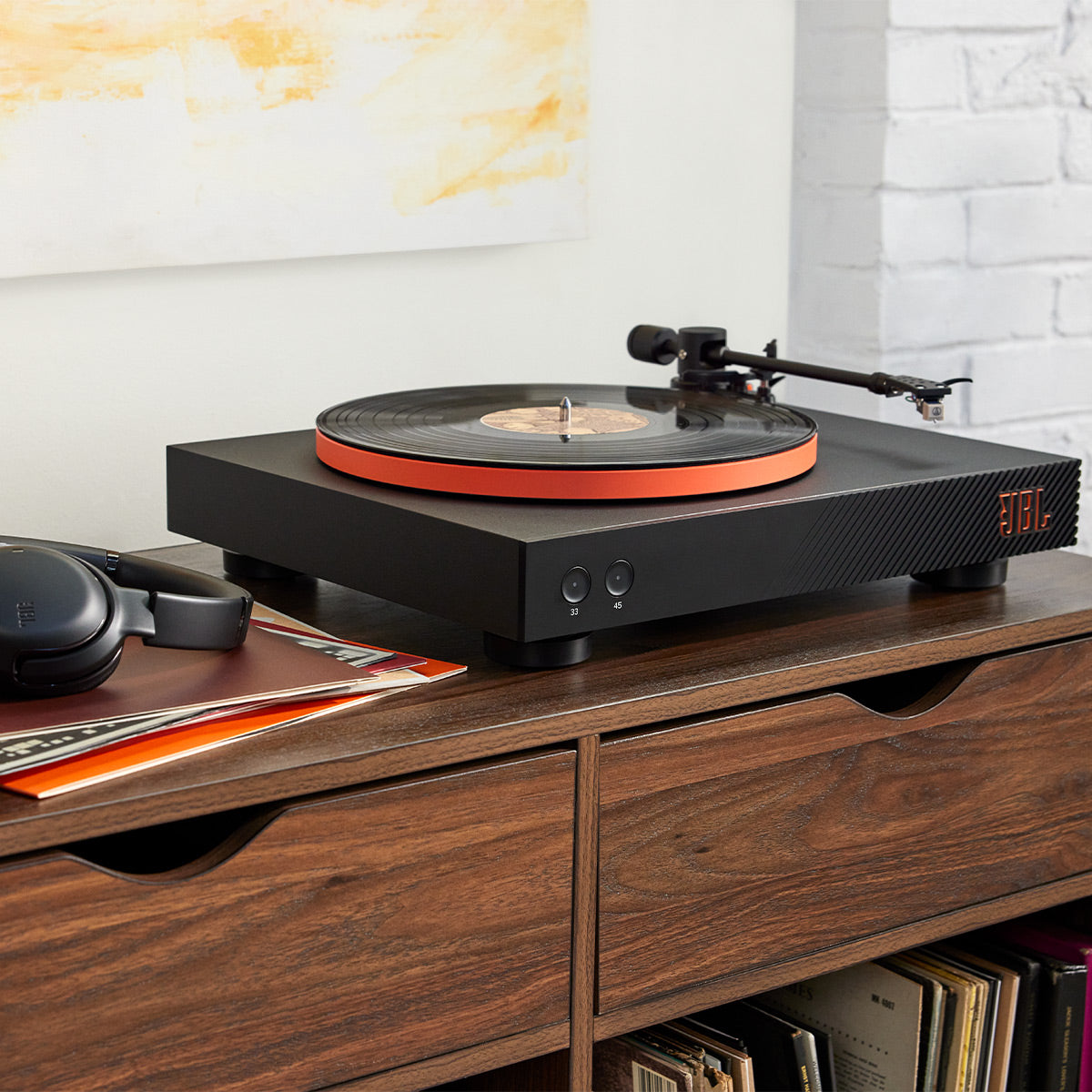 JBL Spinner BT Semi-Automatic Bluetooth Turntable (Black/Orange) with Charge 5 Portable Bluetooth Speaker (Black)